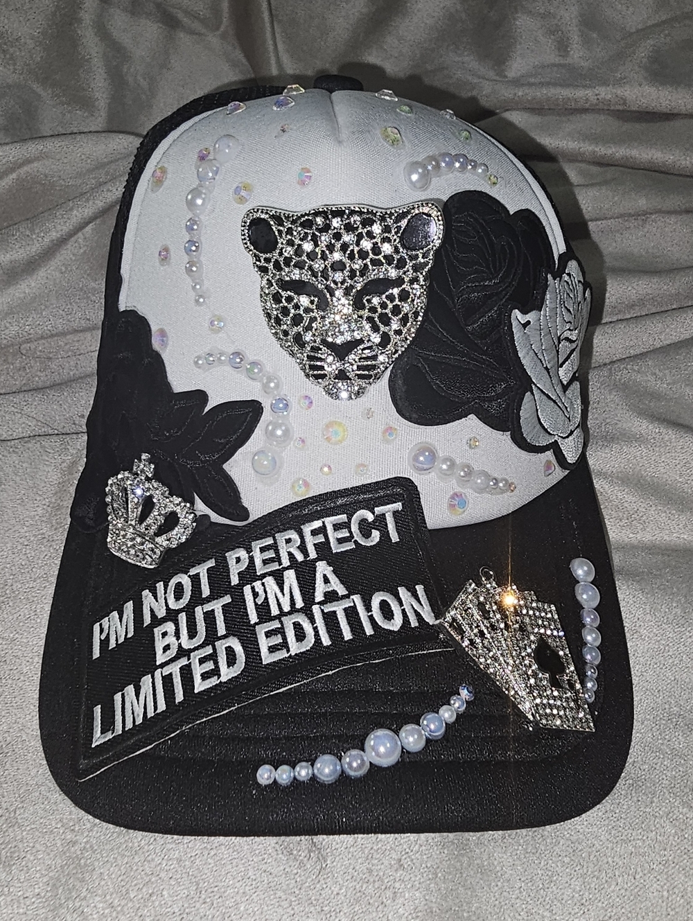Custom Embellished Black & White Trucker Cap